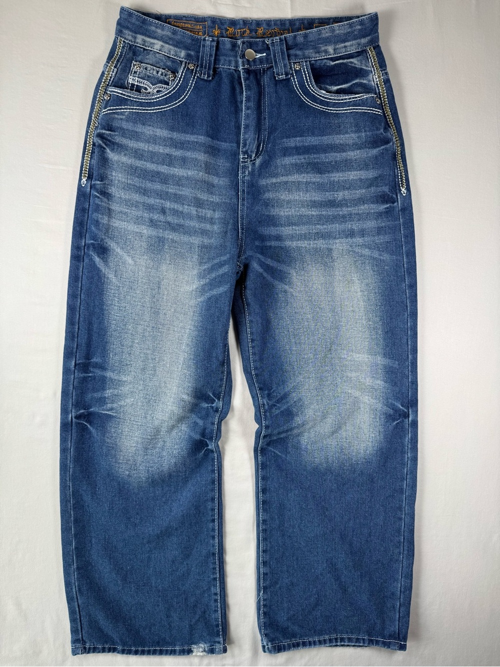 Men’s Y2K‎ Baggy Wide Leg Jeans Embroidered Flap Pocket Medium Wash 30x28